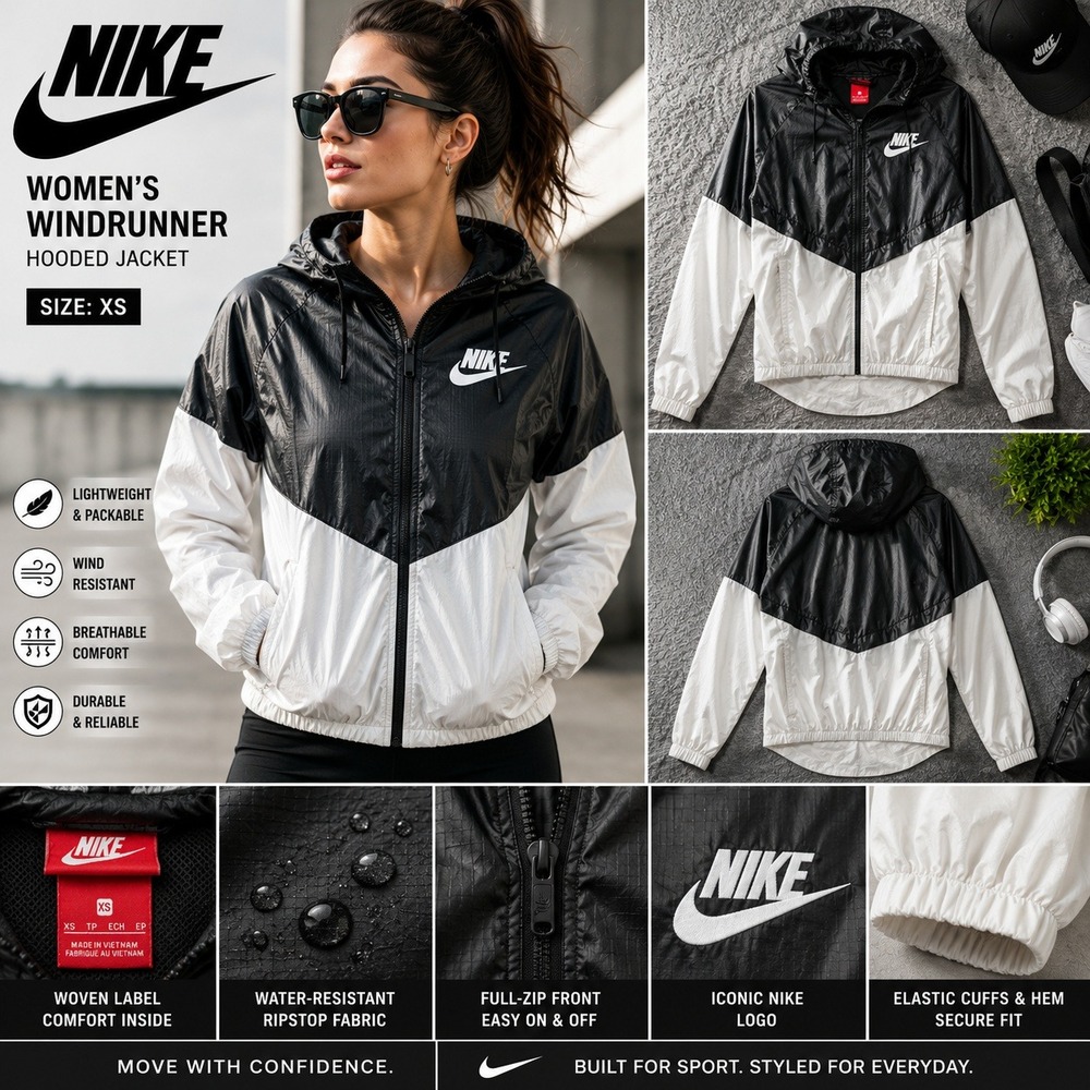 Nike Womens Windrunner Hooded Jacket Black White Ripstop Windbreaker XS